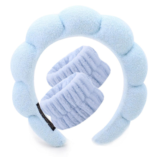 VNIHTT 2 In 1 Sponge Spa Headband for Washing Face,Makeup Headbands for Women Girls,Wash Spa Yoga Sports Shower Head Band Terry Towel Cloth Hair Band for Skincare With Wristband Set (Blue)