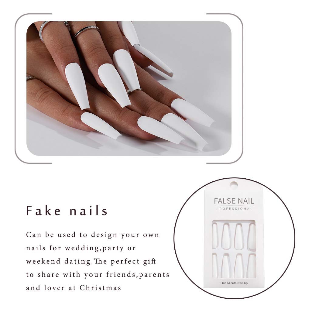 Gangel Pure White Matte False Nails Ballerina Fake Nail Artificial Full Cover Extra Long Fake Nails Coffin Acrylic Press on Nails for Women and Girls 24Pcs (WHITE)