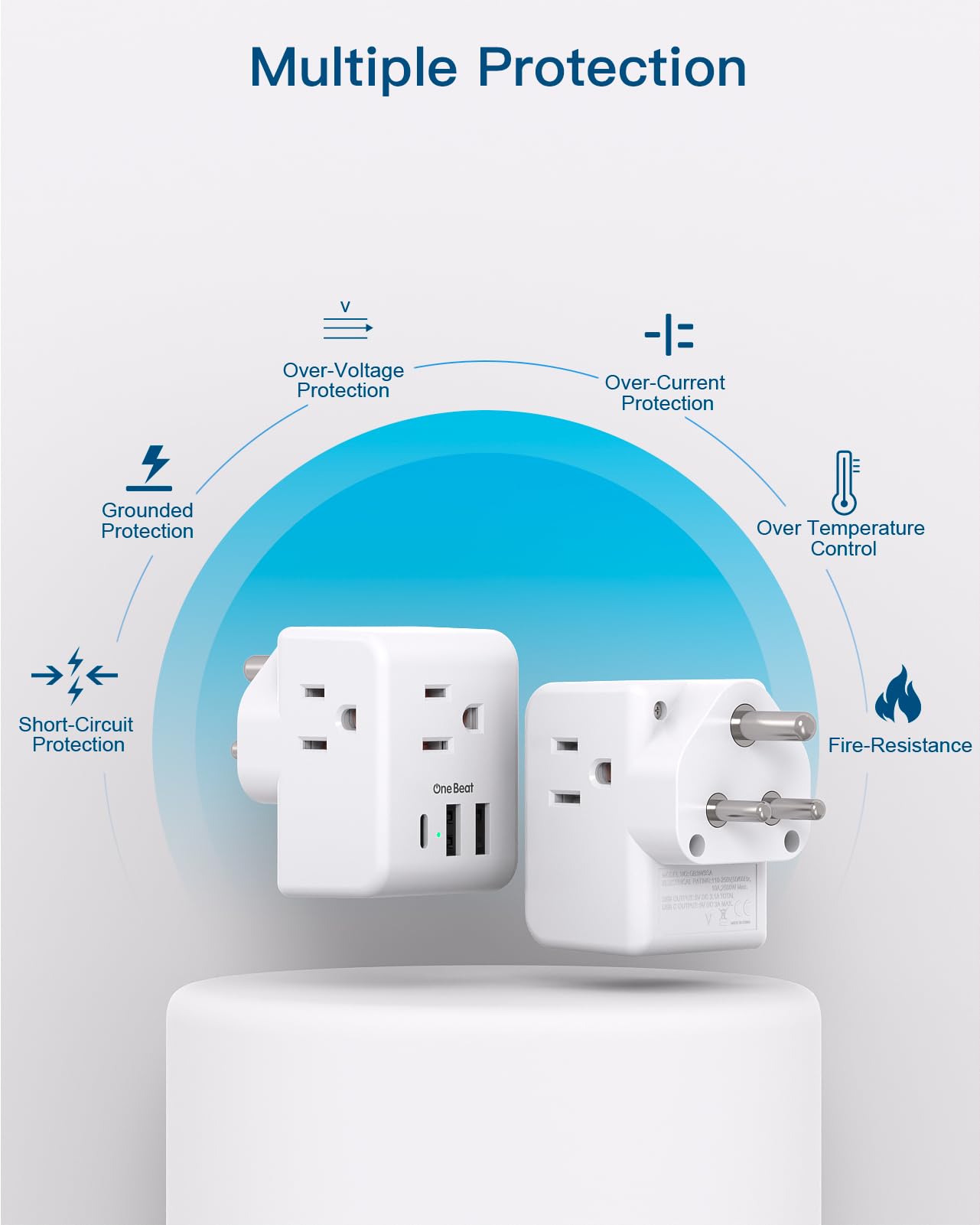 2 Pack India Power Adapter, One Beat Type D Plug Adapter with 3 American Outlets 3 USB Ports(1USB C), 6 in 1 India Travel Plug Adapter for US to India, Bangladesh, Kuwait, Maldives