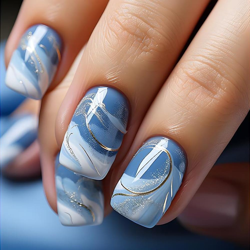 Short Press on Nails Square Gradient White Blue Nails Press Ons Short Blue False Nails with Ocean Design Sparkly Gold Lines Fake Nails Blue Marble Stick on Nails for Women Short Full Cover Nails Kit