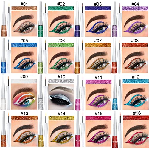 16 Colors Glitter Eyeliner Liquid Set, Metallic Waterproof
