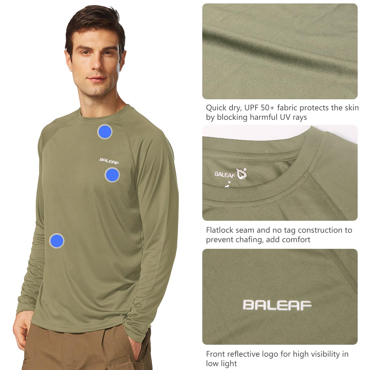 BALEAF Men's Long Sleeve Swim Shirts Rash Guard UV Sun Protection SPF T-Shirts UPF 50+ Quick Dry Swimming Fishing Slate Green Size S