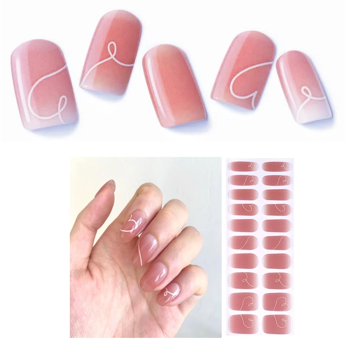 NNWW Semi Cured Gel Nail Strips, French Style Semi Cured Gel Nail Stickers, Gel Nail Wraps UV for Home Nails DIY, UV nails Sticker, Long Lasting Works with Any Nail Lamps 20pcs (Flowing heart)