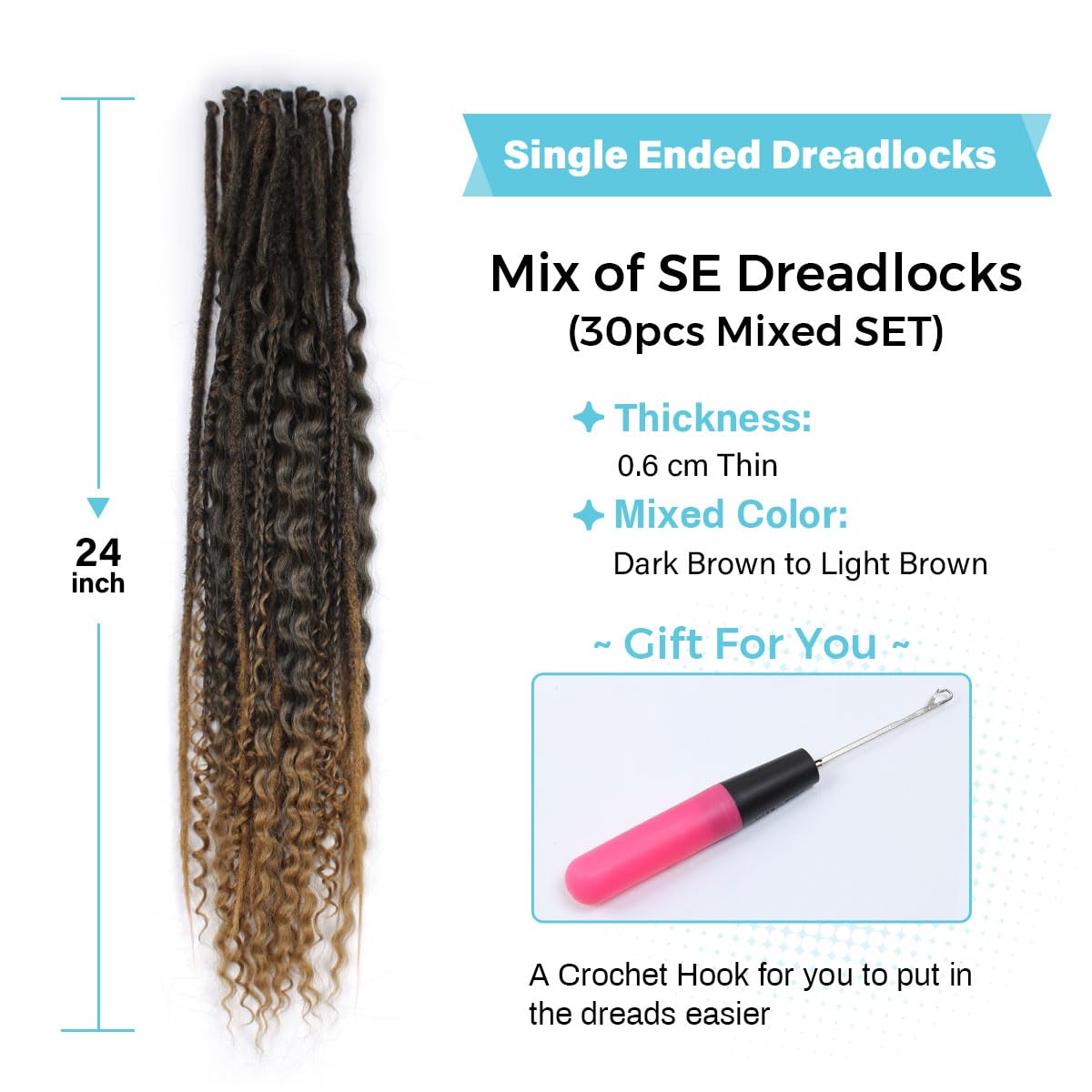 Sangtok 24in Single Ended 3 in 1 Dreadlock Extensions, 30pcs Ombre Brown Mixed Dreads Extensions Set SE Dreads with Curly Dreadlocks for White Women