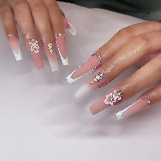 24 Pcs French Tip Press on Nails Long Coffin Fake Nails with Glue Spring Summer False Nails with Flower Designs Acrylic Nails Matte Glue on Nails Artificial Stick on Nails for Women