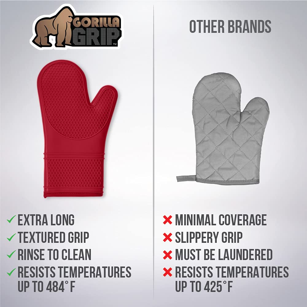 Gorilla Grip Heat and Slip Resistant Silicone Oven Mitts Set, Soft Cotton Lining, Waterproof, BPA-Free, Long Flexible Thick Gloves for Cooking, BBQ, Kitchen Mitt Potholders, 12.5 in, Red