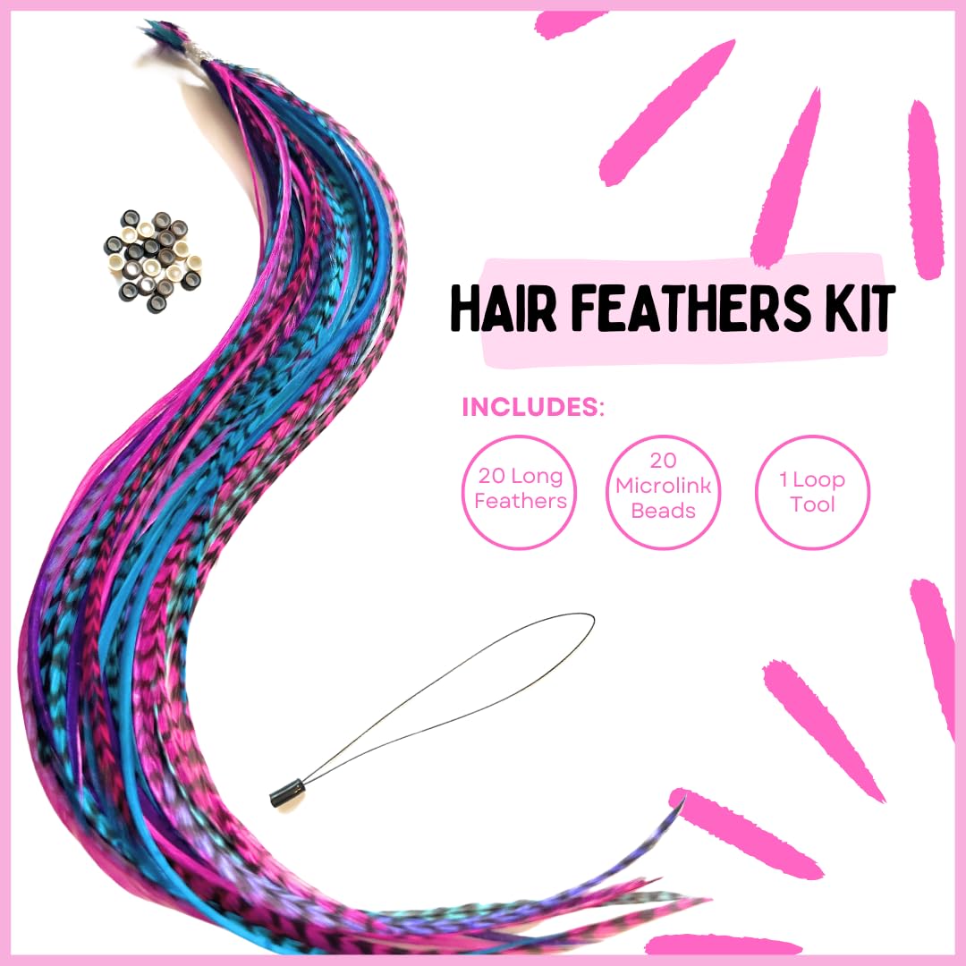 Hair Feathers Extensions Kit, Long Real Rooster Feathers for Hair, DIY Microlink Beads and Loop Tool, Hot Pink, Purple and Turquoise Blue