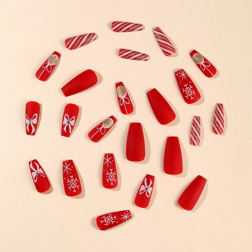 Christmas Press on Nails Long Coffin Fake Nails with Ribbon Designs Red Pink Stripe Glue on Nails Snowflake Gift Stick on Nails Glossy Reusable Xmas False Nails for Women Girls Winter Holiday Manicure