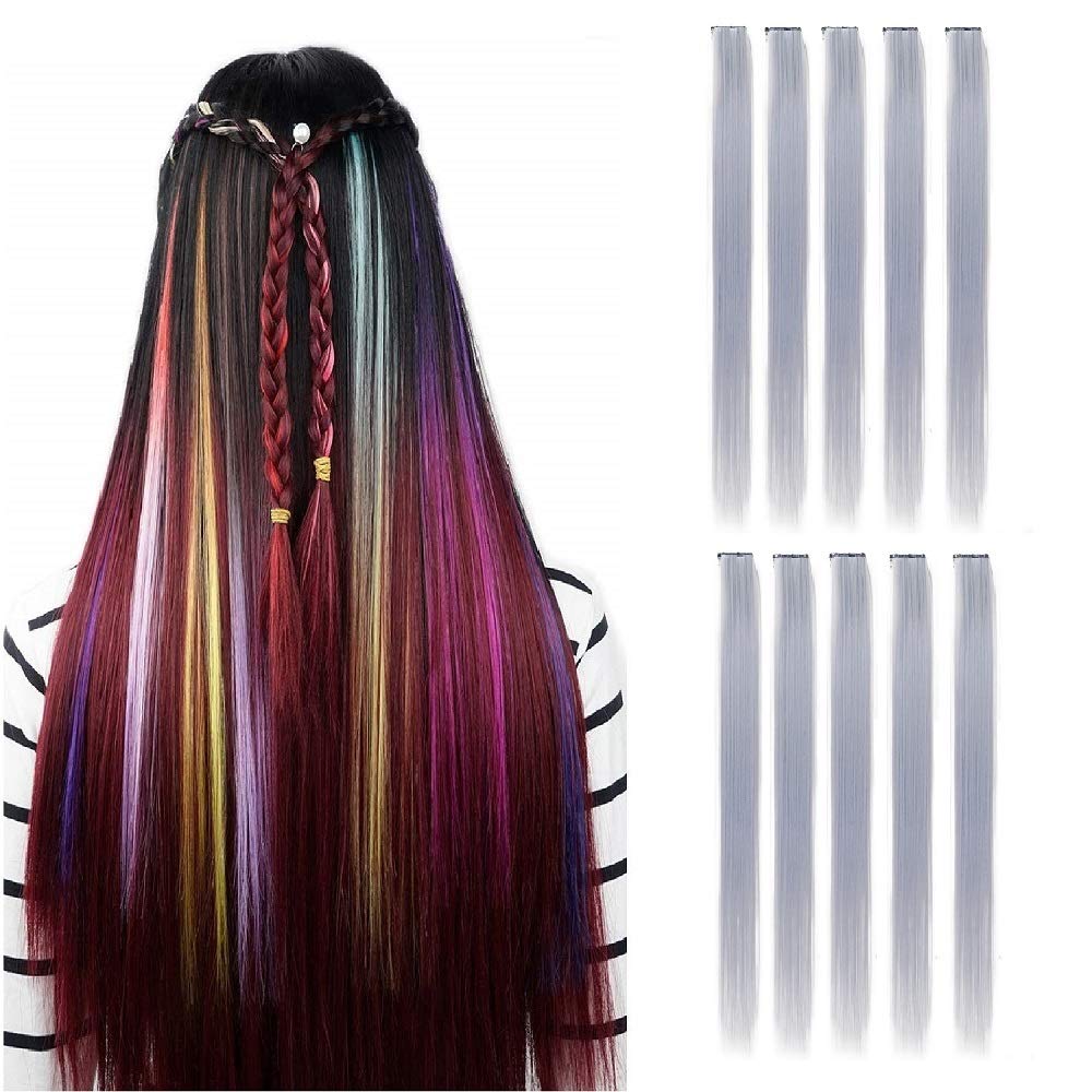 Drayas 10Pcs/set Colored Clip in Hair Extensions Colorful Straight Synthetic Hairpiece for women girls Multi-Colors 22 Inch Party Highlights Hair Extensions (Gray)