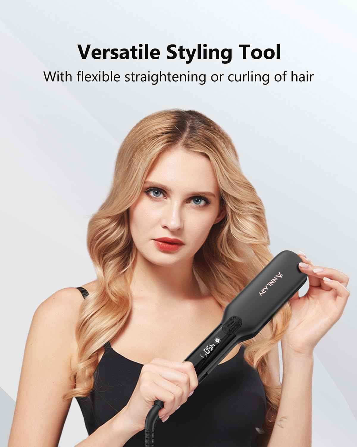 Annlary 1.75 Inch Hair Straightener, Professional Titanium Plate with Ceramic Coating Ionic Dual Voltage Flat Iron with Heat-Resistant Silicone, for Less Frizz, Shinier & Smoother Hair