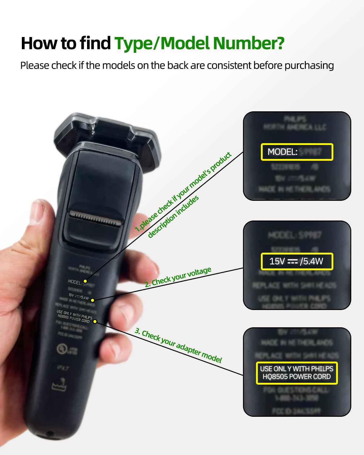 15V 6Ft Charger Cord Fit for Philips Norelco HQ8505 - (Older Model) Series 6000 7000 9000, BG7030 BG7040 BG5025 S9987, Multigroom MG5750 MG7750 MG7790, Fit for Phillips Shaver Electric Razor Trimmer