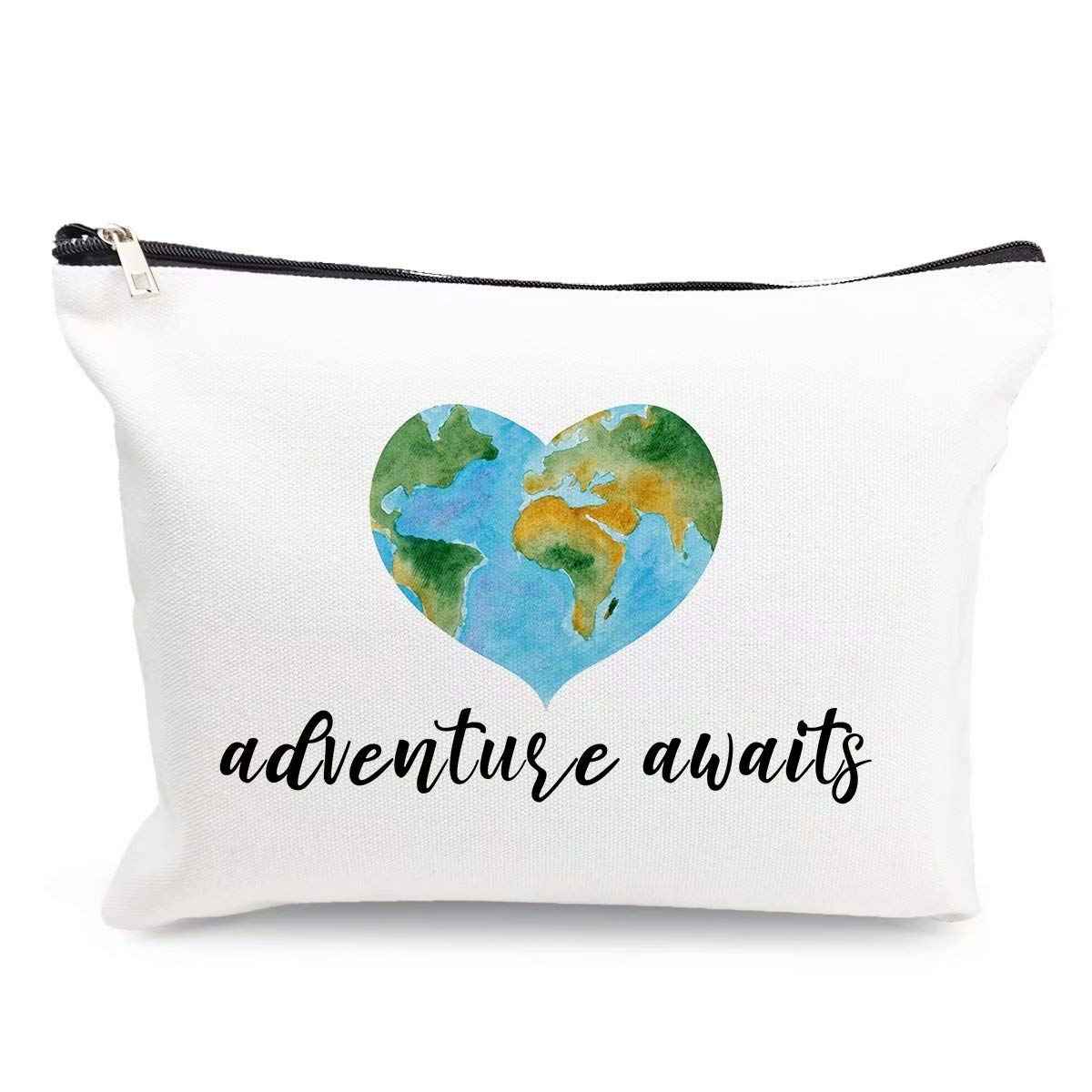 Cokosoxo Travel Bag Adventure Awaits Cosmetic Bag Nature Linen Cotton World Map Makeup Case Great Gift for Women Friends Bestie Daughter Graduation Friendship Birthday Gifts,10x7.5 Inch