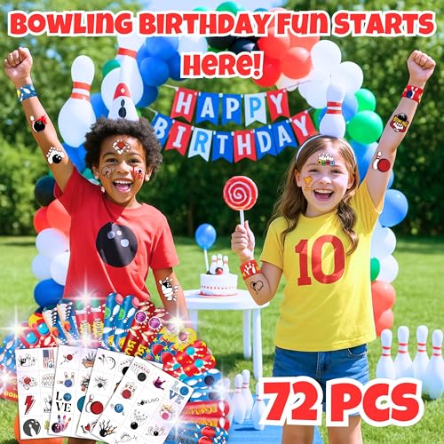 72 Pc Bowling Party Favor Set Tattoos & Slap Bracelets