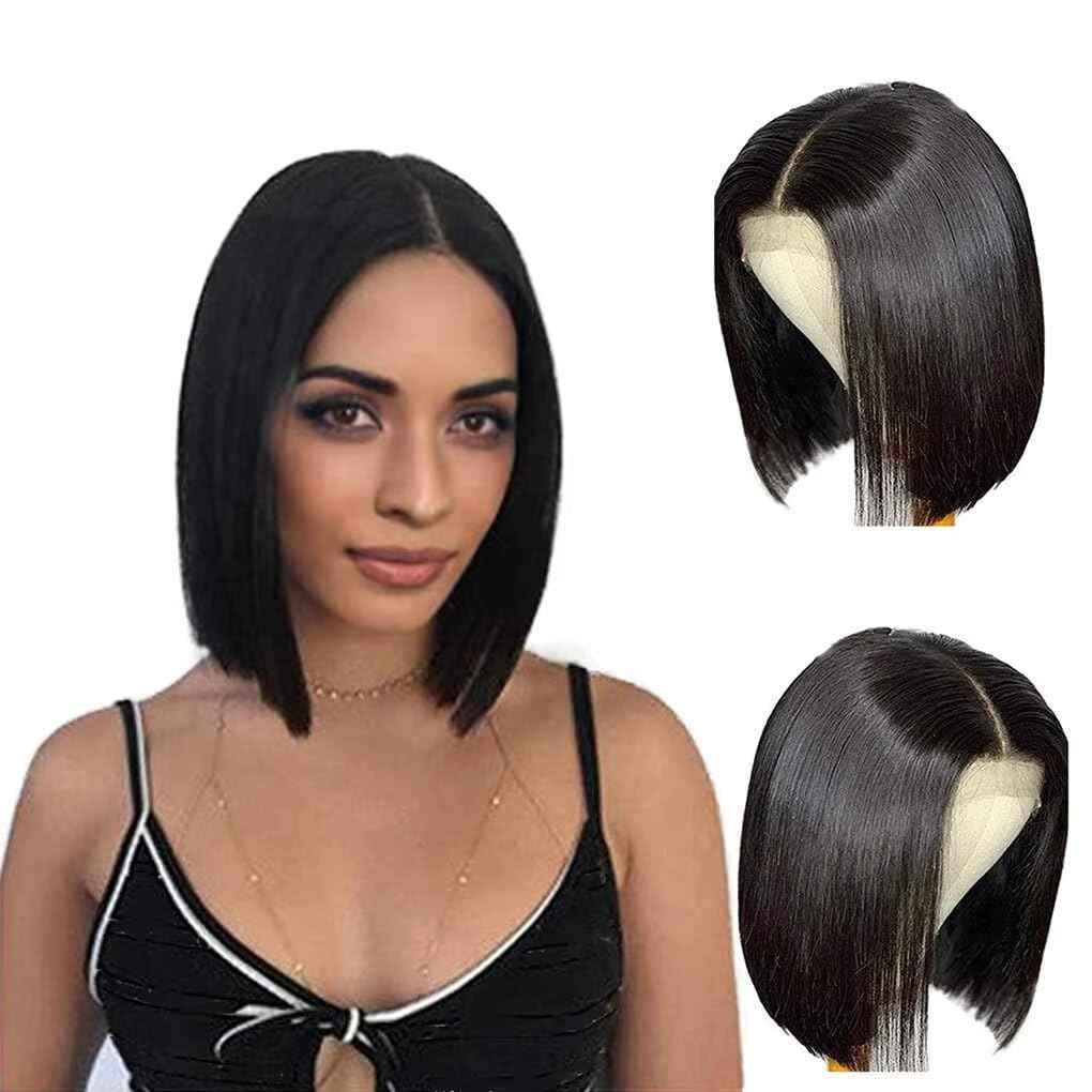 DYTJHMGL Short Bob Human Hair Wig - 250% Density Pre-Plucked Bone Straight HD Lace Front with Bleached Knots, 10 Inch