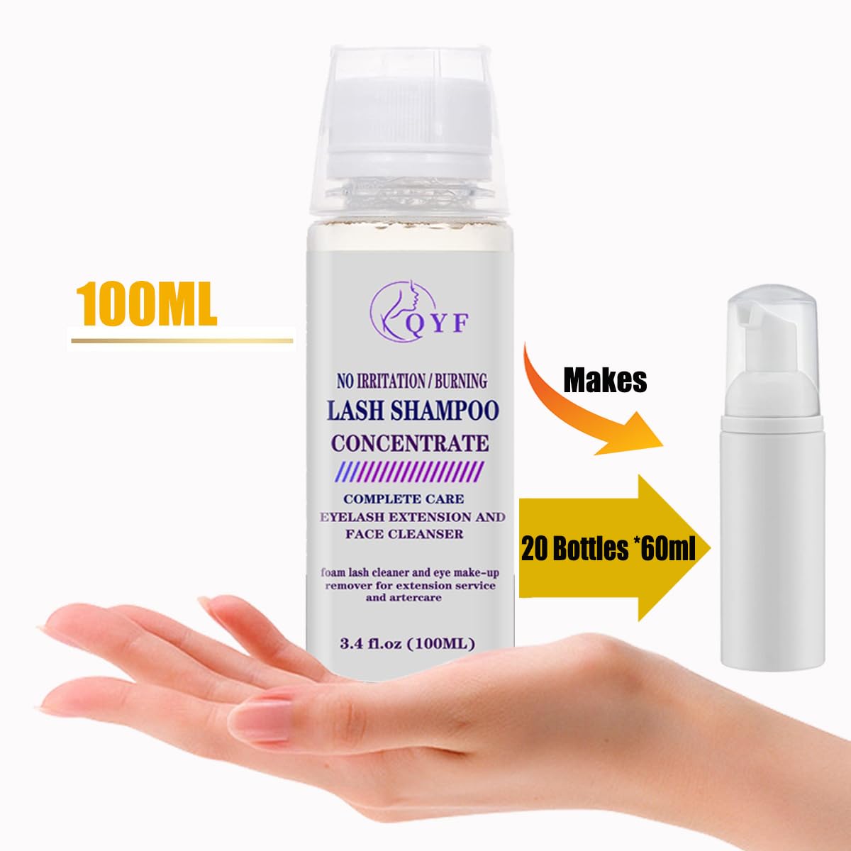 QYF Eyelash Cleanser Concentrate 100ml / Eyelid Foaming Cleanser/Wash for Extensions and Natural Lashes/Paraben & Sulfate Free Safe Makeup & Makes 20 Bottles 60ml lash Shampoo