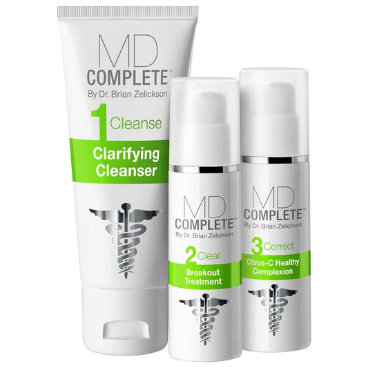 MD Complete 3-Step Professional Acne Clearing System: Salicylic Acid Cleanser, Benzoyl Peroxide Spot Treatment and Retinol Vitamin-C Complexion Correcting Serum