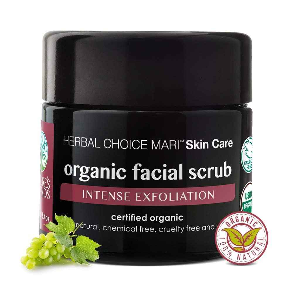 Organic Facial Scrub by Herbal Choice Mari (3.4 Fl Oz Glass Jar) - Intense Exfoliating Face Wash with Brown Sugar, Sea Salt, Shea Butter, and Grape Seed - For Dry Skin - No Toxic Chemicals