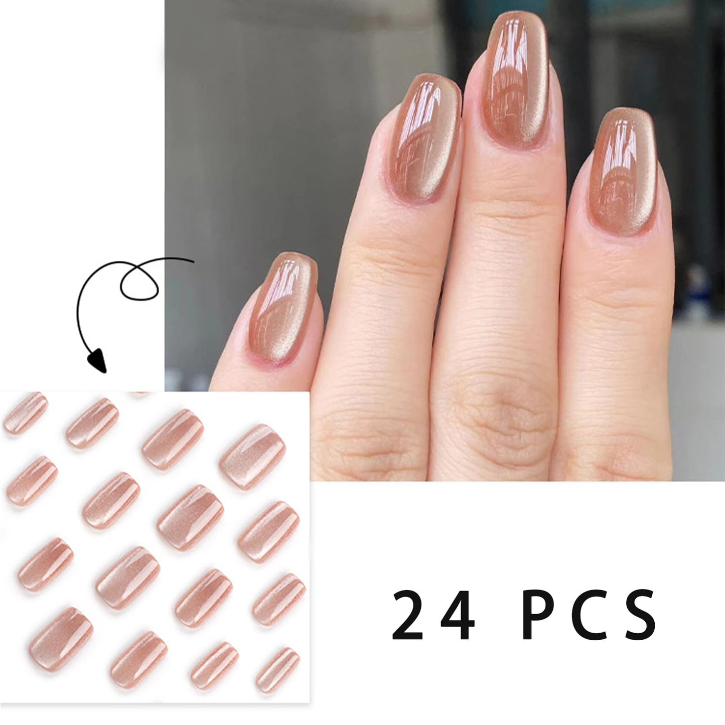 24Pcs Sparkling Press on Nails Nude Color Fake Nails Short Square Fake Nails Nude Glitter False Nail Nude Acrylic Nails Full Cover Glossy Stick on Nails for Women and Girls Simple Daily Wear