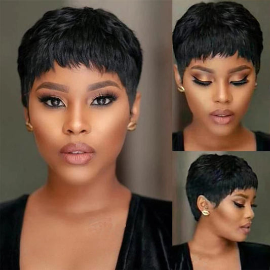 MISNEY Pixie Cut Wig Human Hair Short Pixie Cut Wigs for Black Women Human Hair Glueless pixie Wig Layered None Lace Front Wig with Bangs Natural Straight Full Machine Made Wig 1B Color