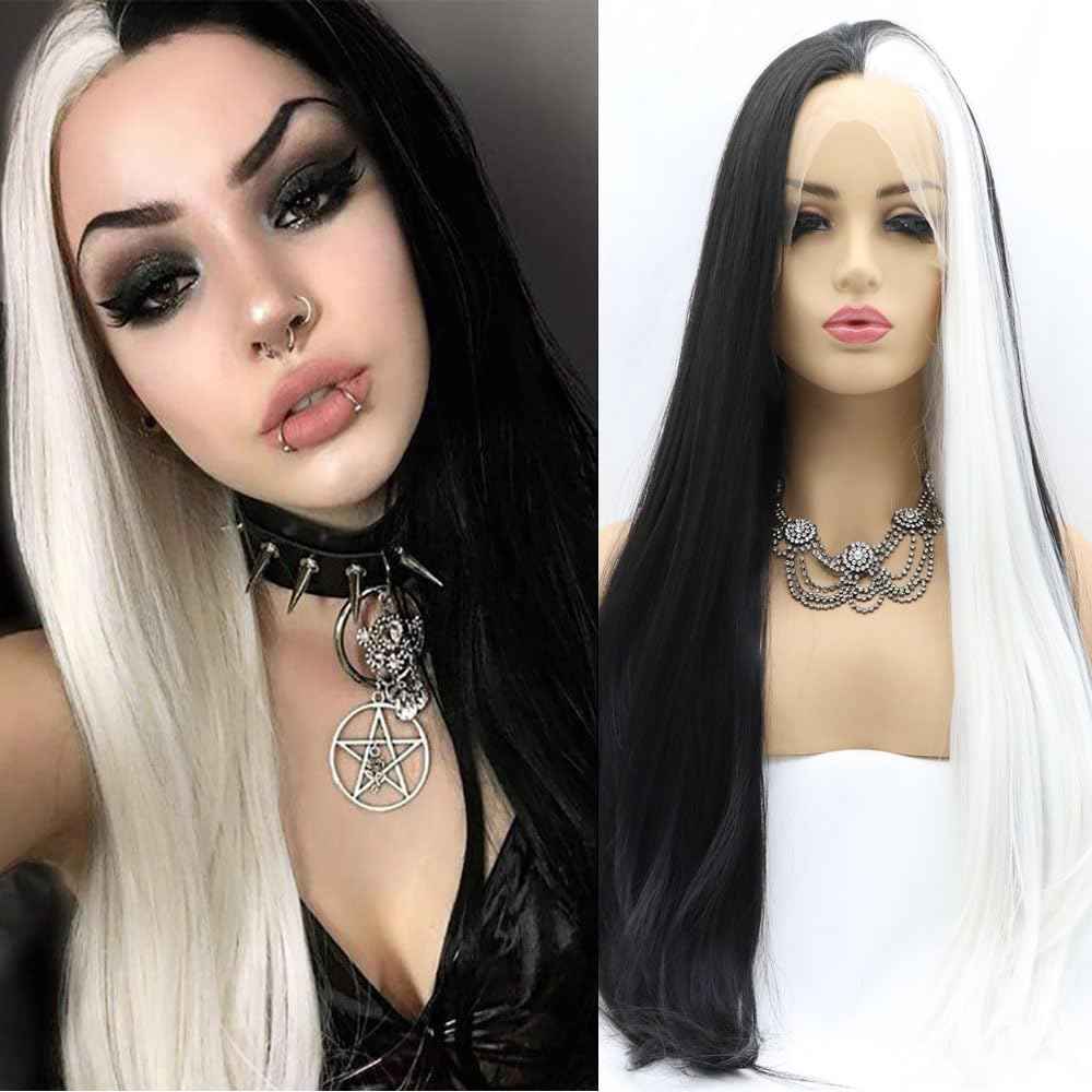 xiweiya long striaght mermaid piano half color synthetic lace front wig white to black two tones heat Resistant replacement wigs for women cosplay