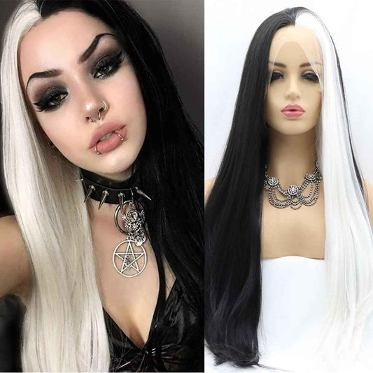 xiweiya long striaght mermaid piano half color synthetic lace front wig white to black two tones heat Resistant replacement wigs for women cosplay