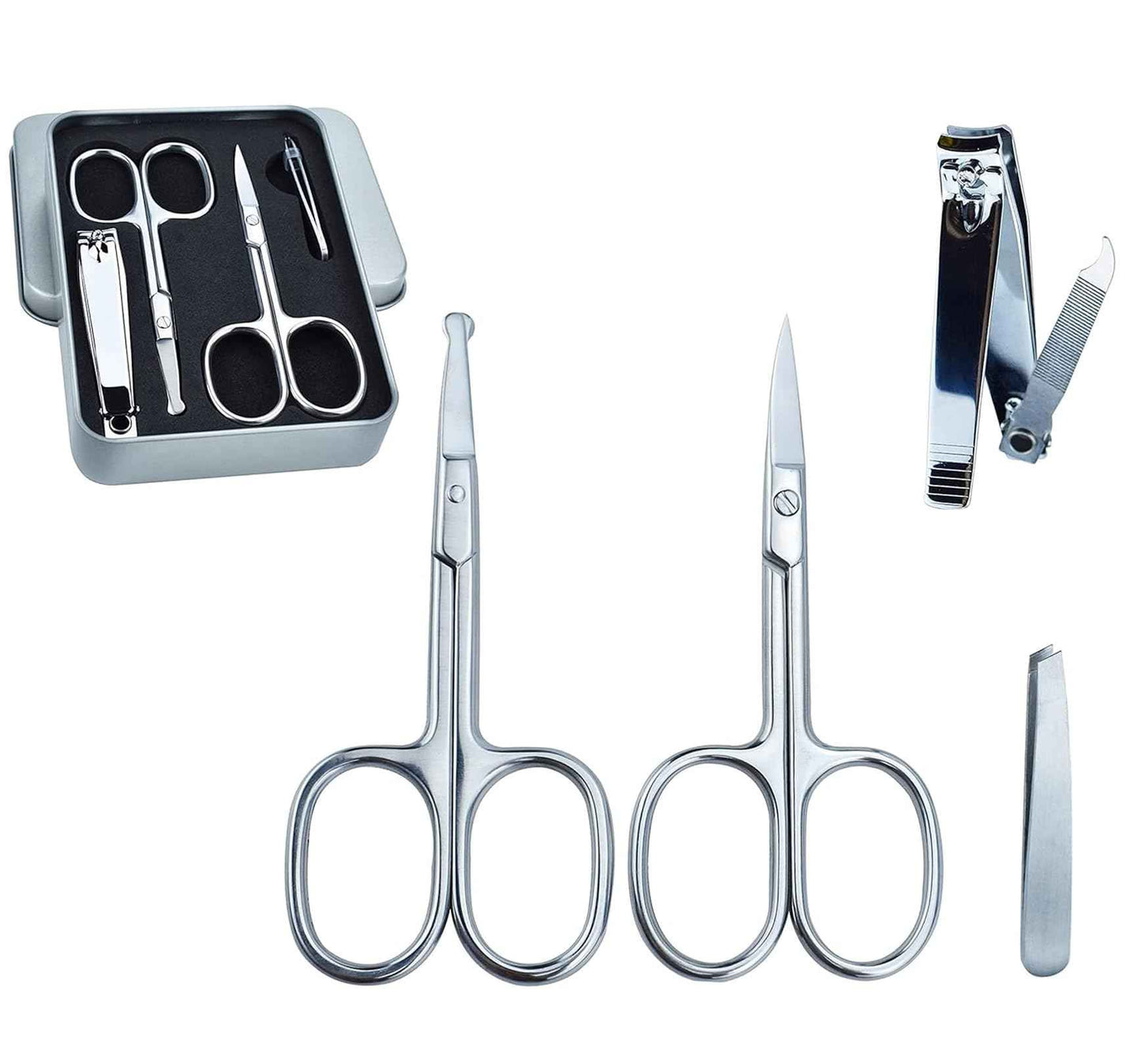 5Pcs Beauty Grooming Eyebrow Scissor Men Women Facial Nose Hair Scissor Curved Round Blunt Mustache Beard Manicure Pedicure Trimmer Set Stainless Steel Slant Tweezers Nail Clipper Pet Dog Scissor Kit
