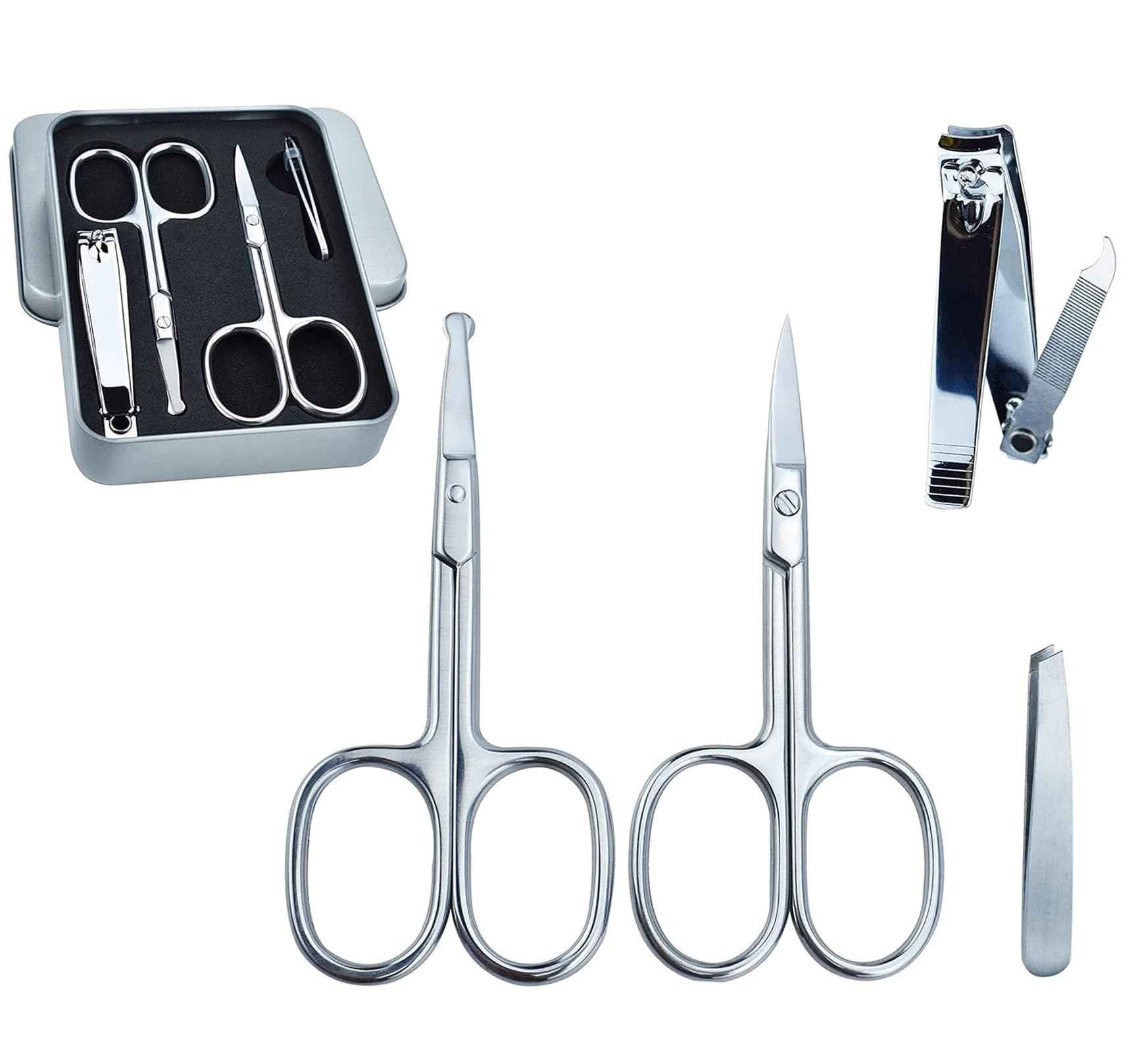 5Pcs Beauty Grooming Eyebrow Scissor Men Women Facial Nose Hair Scissor Curved Round Blunt Mustache Beard Manicure Pedicure Trimmer Set Stainless Steel Slant Tweezers Nail Clipper Pet Dog Scissor Kit