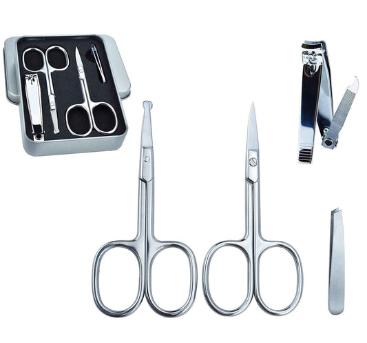 5Pcs Beauty Grooming Eyebrow Scissor Men Women Facial Nose Hair Scissor Curved Round Blunt Mustache Beard Manicure Pedicure Trimmer Set Stainless Steel Slant Tweezers Nail Clipper Pet Dog Scissor Kit