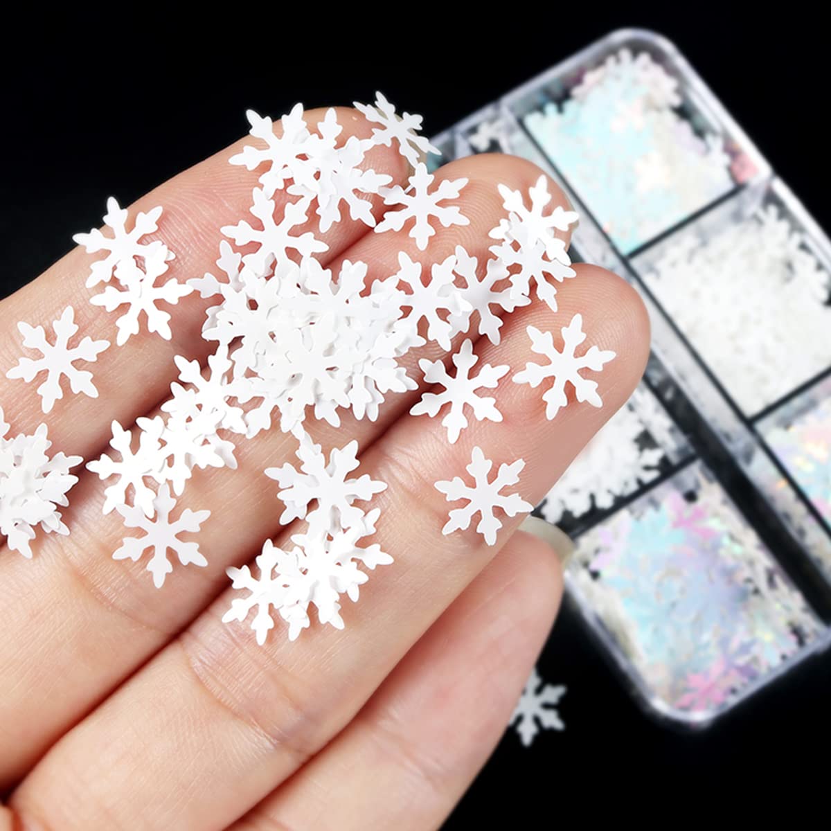 6 Grids White Snowflake Nail Glitters - Snowflakes Glitter Nail Sequins - 3D Holographic White Snow flake Shaped Sparkly Nail Art Xmas Holiday Nail Stickers Christmas Nail Art Decoration Nail Supplies