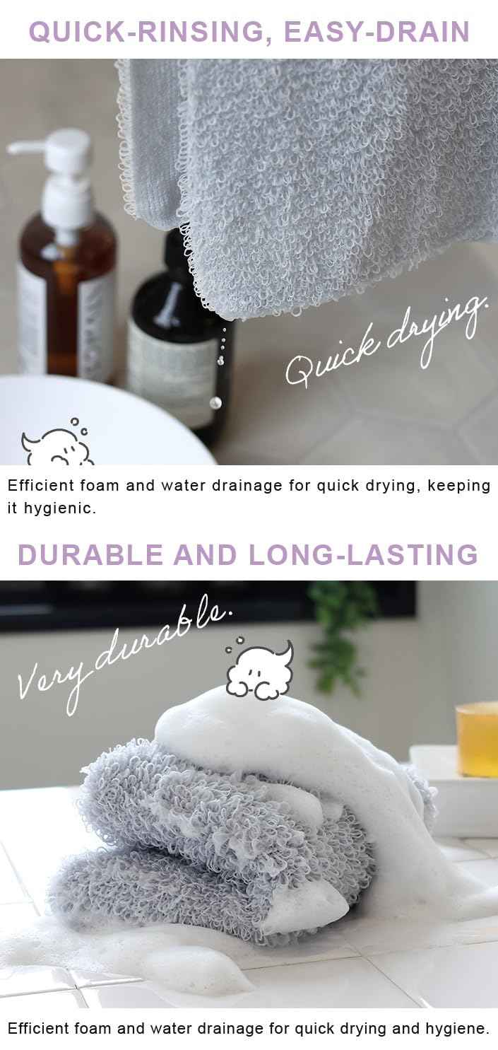 HIORIE Exfoliating Shower Towel - 2-Pack - Soft Washcloth for Rich, Luxurious Lather - White & Light Gray - Made in Japan