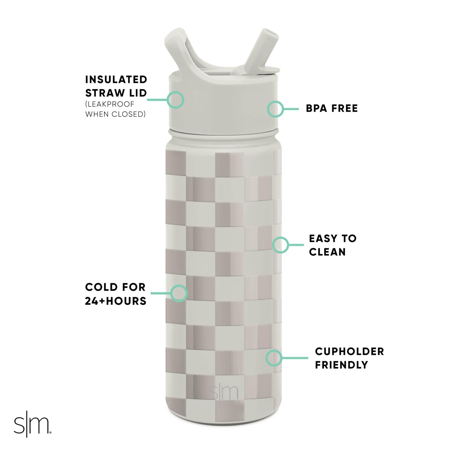 Simple Modern Kids Water Bottle with Straw Lid Vacuum Insulated Stainless Steel Metal Thermos Bottles | Reusable Leak Proof BPA-Free Flask for School | Summit Collection | 18oz, Checkmate