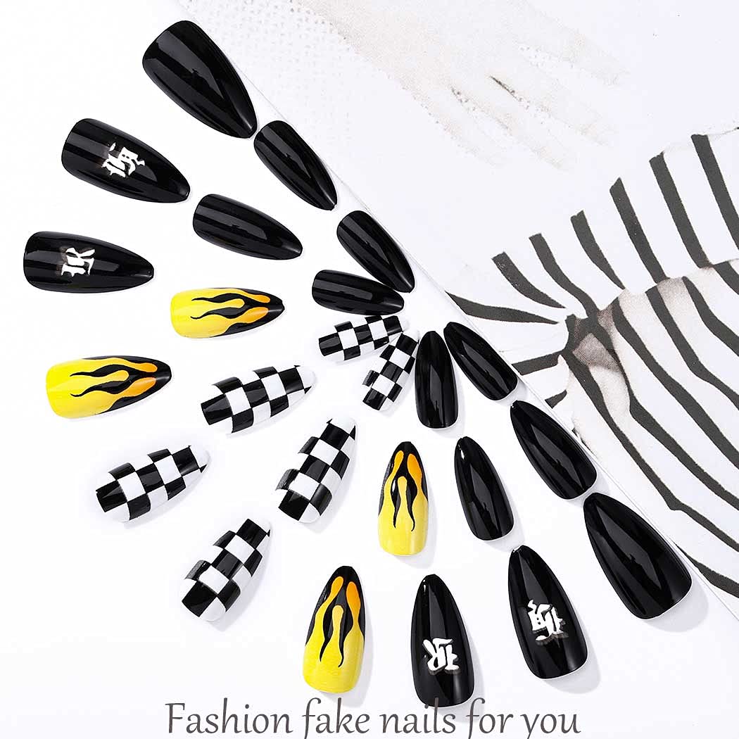 Outyua Stiletto Halloween Long Press on Nails with Design Horror Acrylic Fake Nails Ballerina False Nails Designer Full Cover Nails 24Pcs for Women and Girls (Fire Yellow)