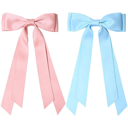 2PCS Silky Satin Hair Bows Ribbon Hair Clips, Fall Alligator Hair Pins, Ponytail Holder Accessories Sides Metal Hair Bow Barrettes Hair Accessories for Women Girls Kids (Pink+Blue)