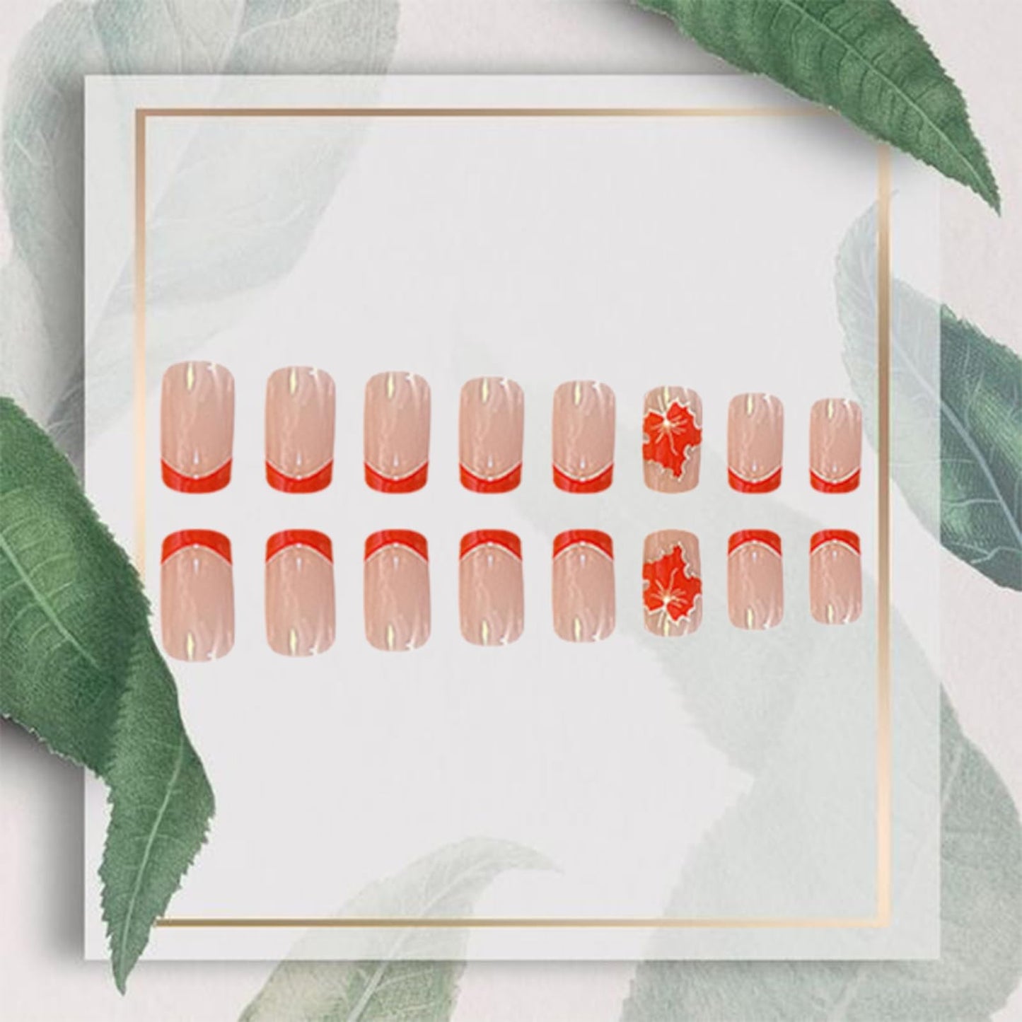 24PCS Fall Maple Leaf Press on Nails Thanksgiving Fake Nails French Tip Glue on Nails Short Square False Nails Full Cover Orange Maple Leaves Stick on Nails Glossy Artificial Nails for Women Girls