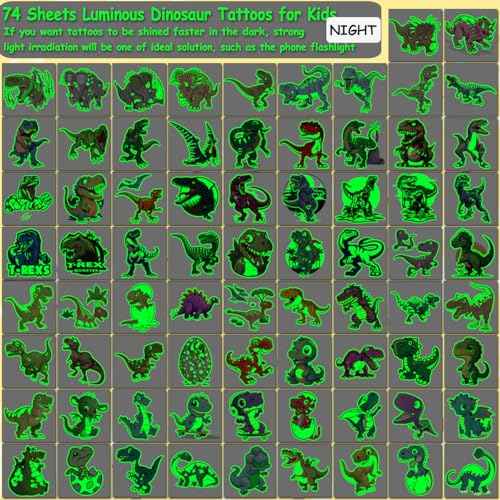 Glow in The Dark Dinosaur Temporary Tattoos for Kids - 74 Individually Sheets Luminous Dinosaur Tattoos for Boys Birthday Party Favors Goodie Bag Fillers
