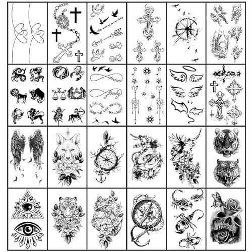 Yazhiji 36 Sheets Temporary Tattoos Stickers, 12 Sheets Fake Body Arm Chest Shoulder Tattoos for Men or Women with 24 PCS Tiny Black Tattoos