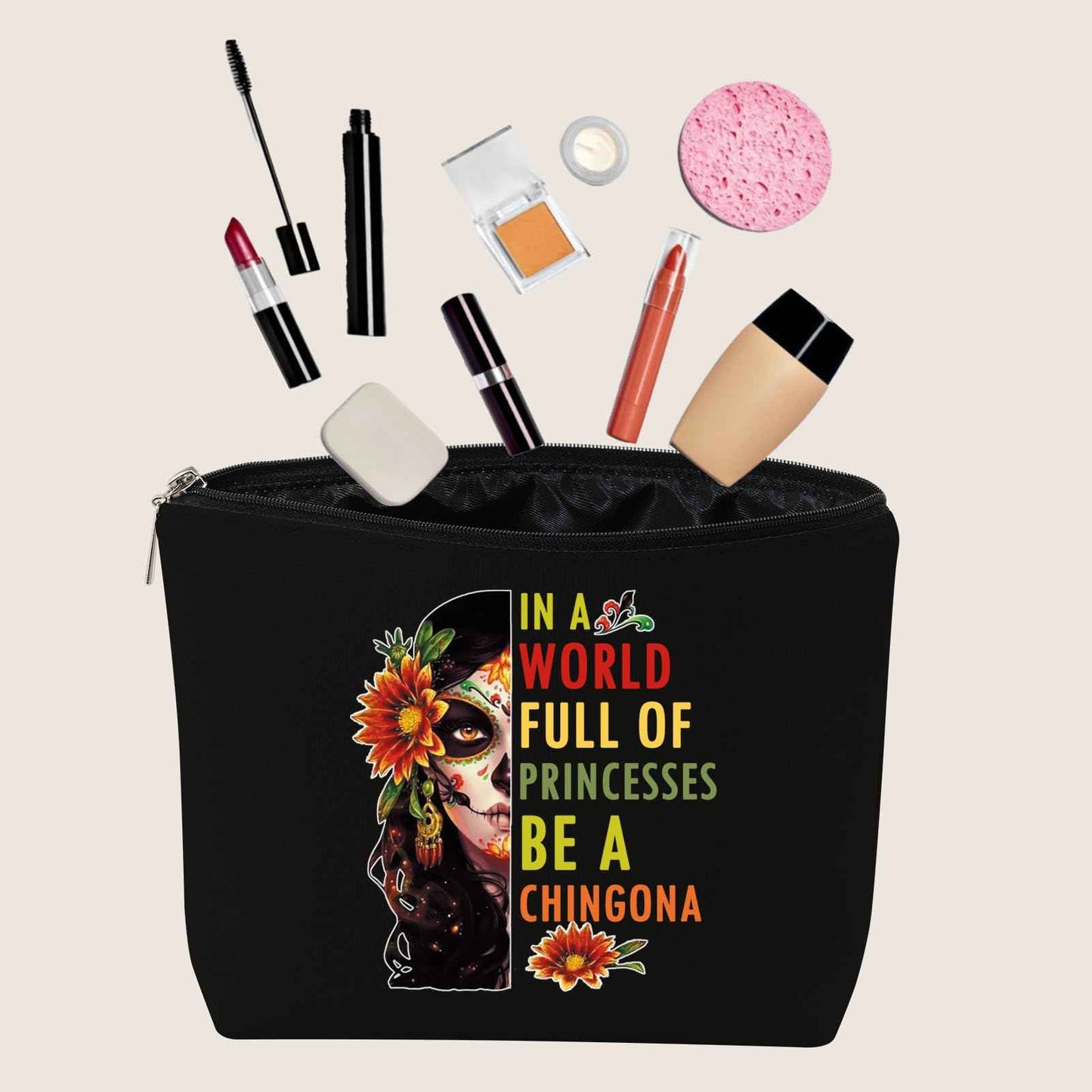 JXGZSO Mexican Lady Cosmetic Bag In A World Full Of Princesses Be A Mexican Makeup Bag Badass Women Gift (Mexican women black)