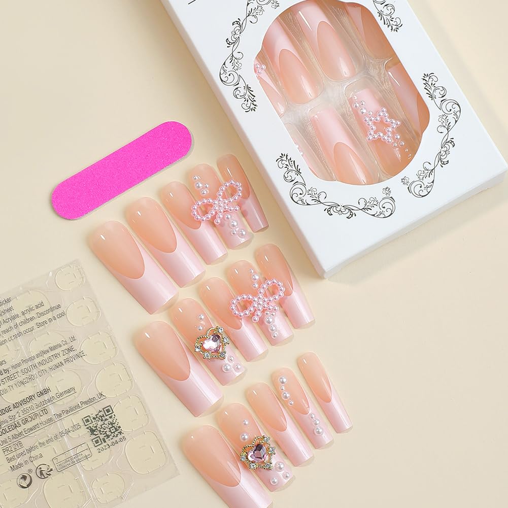 Long Press on Nails Pink French Tip Long Fake Nails Coffin Press on Nails Square False Nails with Pearl Bow Diamond Star Charm Design Acrylic Nails Press on Artificial Nails Stick on Nails For Women