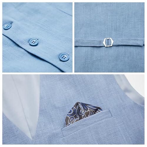MAGE MALE Men's Linen 2 Piece Suit Slim Fit Wedding Groomsmen Summer Vest Pants Set with Pocket Square