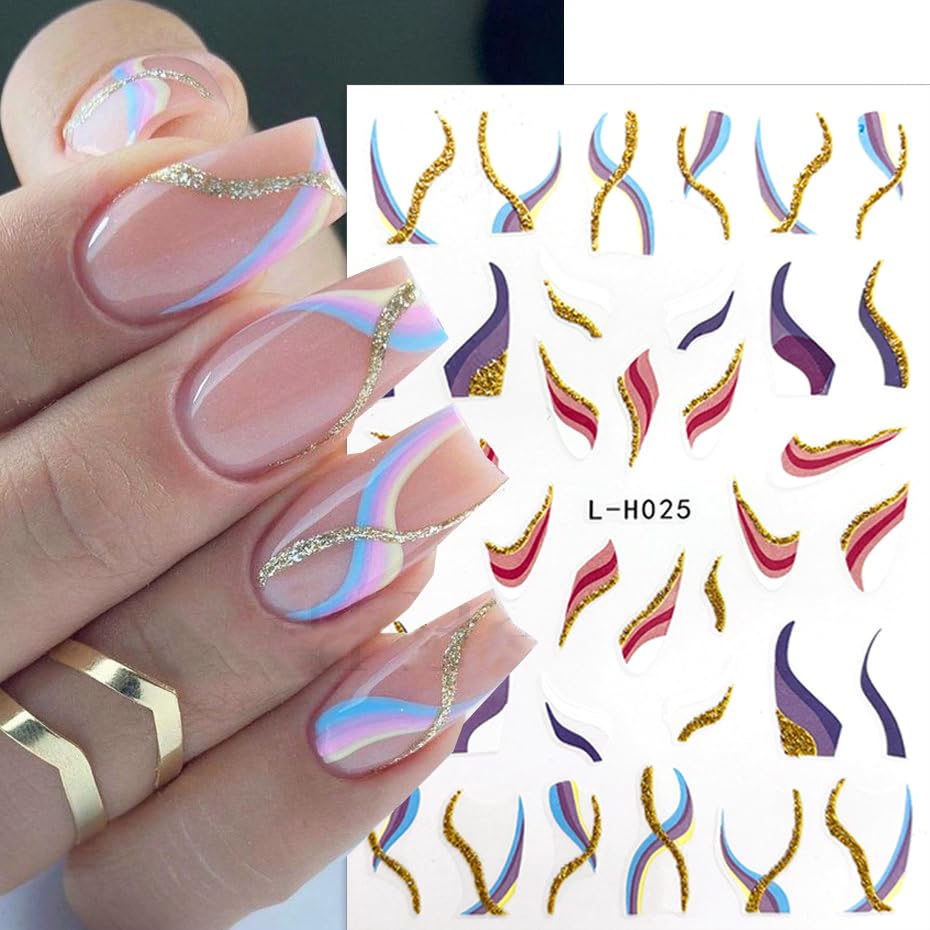 8 Sheets Shiny Line Nail Stickers for Nail Art, French Tip Nail Art Stickers 3D Glitter Wavy Stripe Nail Decals Gold Nail Tip V Shape Lines Nail Art Design Supplies for DIY Acrylic Manicure Decoration