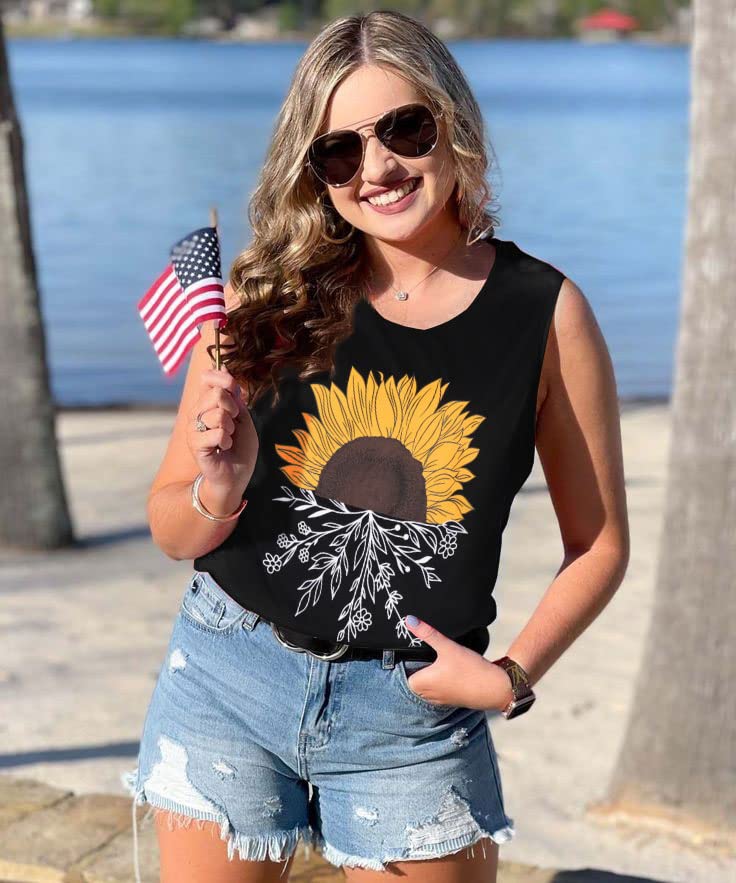 Women Tank Tops Sun Flowers Summer Sleeveless T Shirts Casual Loose Blouses(Black Floral, M)