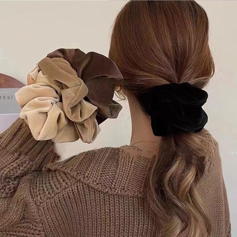 TUCEWP Velvet Scrunchies for Women Girls 4Pcs Large Brown Black Scrunchies Long Thick Curly Hair Soft Hair Bands Neutral Scrunchies Cute Ponytail Holders No Damage Elastic Hair Ties Hair Accessories