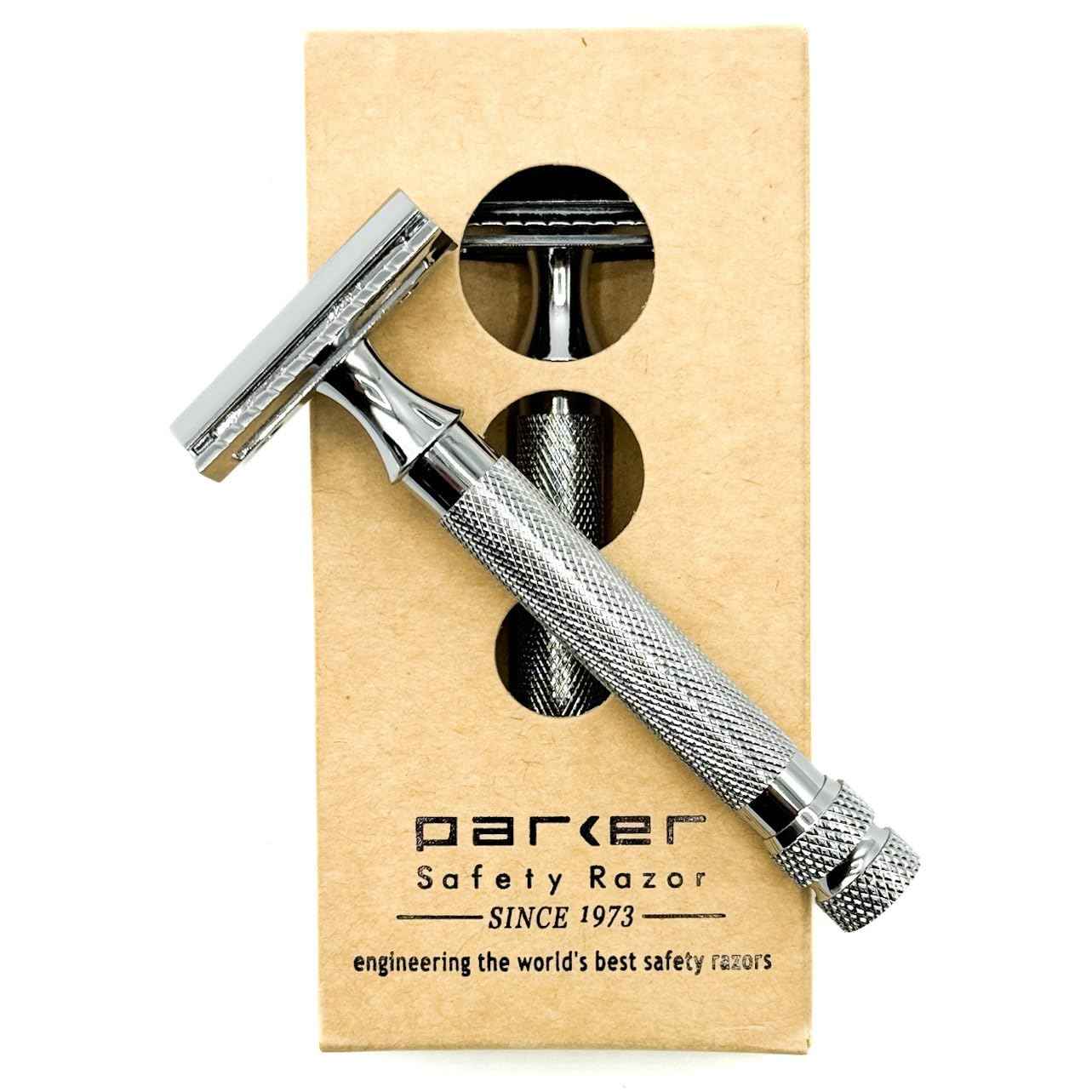 Parker 91R Heavyweight Long Handle Safety Razor – Classic 3-Piece Double Edge Razor for Smooth, Close Shaves – Brass Frame with Textured Chrome Finish – Compatible with All DE Razor Blades