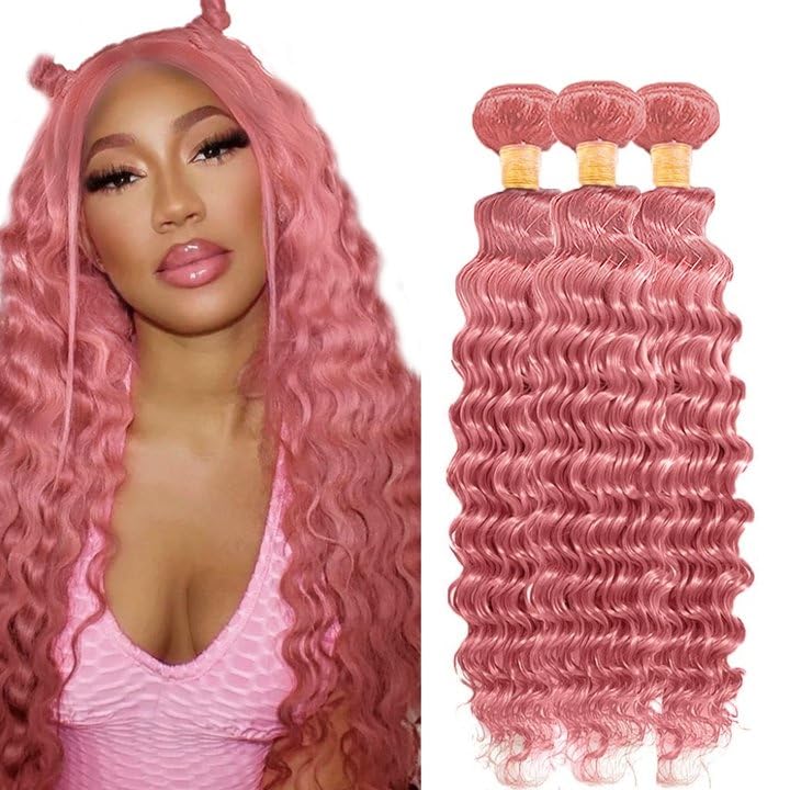 Pink Deep Wave Human Hair Bundles 24 26 28 Inch