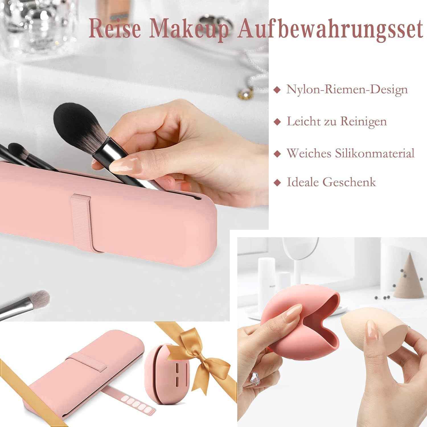 Ancwzoz Makeup Brush Holder, Silicone Makeup Bag Makeup Sponge Holder Organizer for Travel Storage, Pink