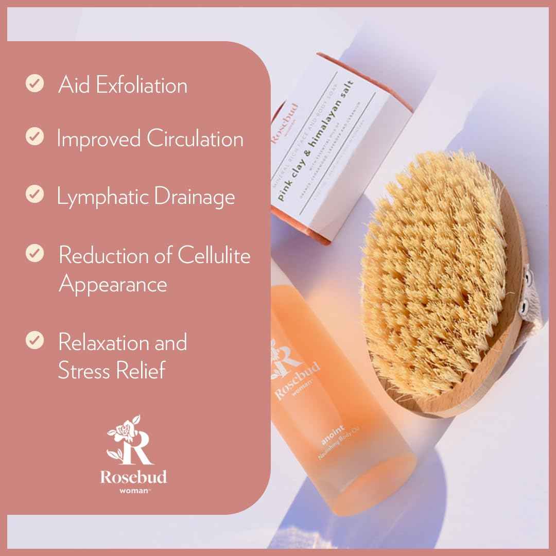 Rosebud Woman Body Brush for Dry Brushing & Lymphatic Drainage - Sustainable Beechwood Handle with Vegan Sisal Bristles - Exfoliating Skincare Tool for Enhanced Circulation & Skin Texture