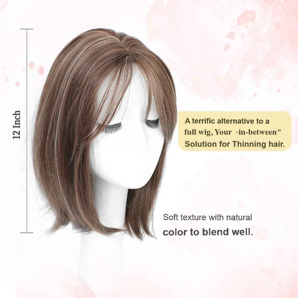 Uniferry Hair Toppers for Women Real Human Hair 12inch 13x14cm(5.1x5.5inch) Swiss Base 360°3D With Thinning Upgrade Middle Part Clip in Wispy Bnags (Brown,French)