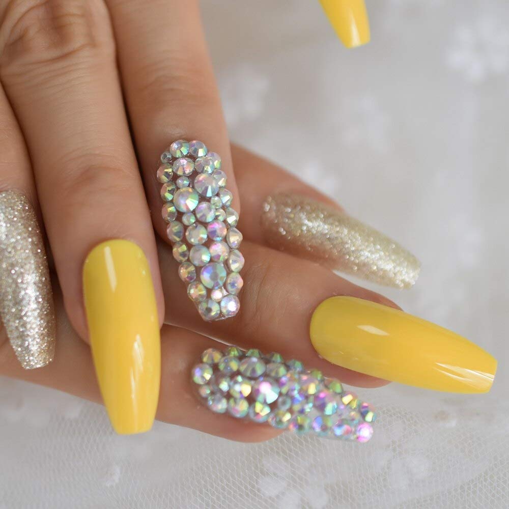 Coolnail Neon Leon Yellow Press on False Nails Holo Gems Gold Glitter Extra Long Coffin Ballerina Full Fingersnails Free Adhesive Tapes