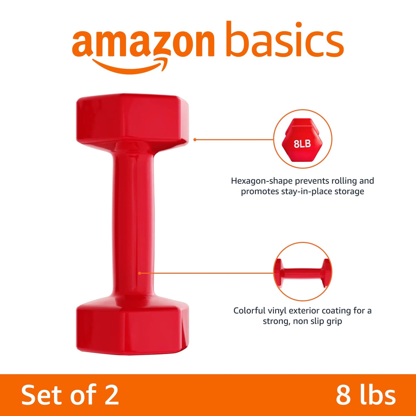 Amazon Basics Vinyl Coated Dumbbell Hand Weights, 16 Pounds, Pair, Red