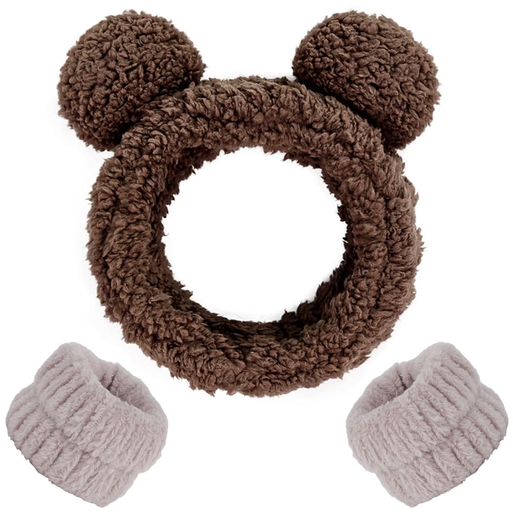 AHONEY Spa Bear Ears Headband, Face Wash Headband and Wristband Set, Cute Makeup Skincare Headbands Wrist Bands for Washing Face Fluffy Headband for Women Girls Elastic Hair Band (Brown)